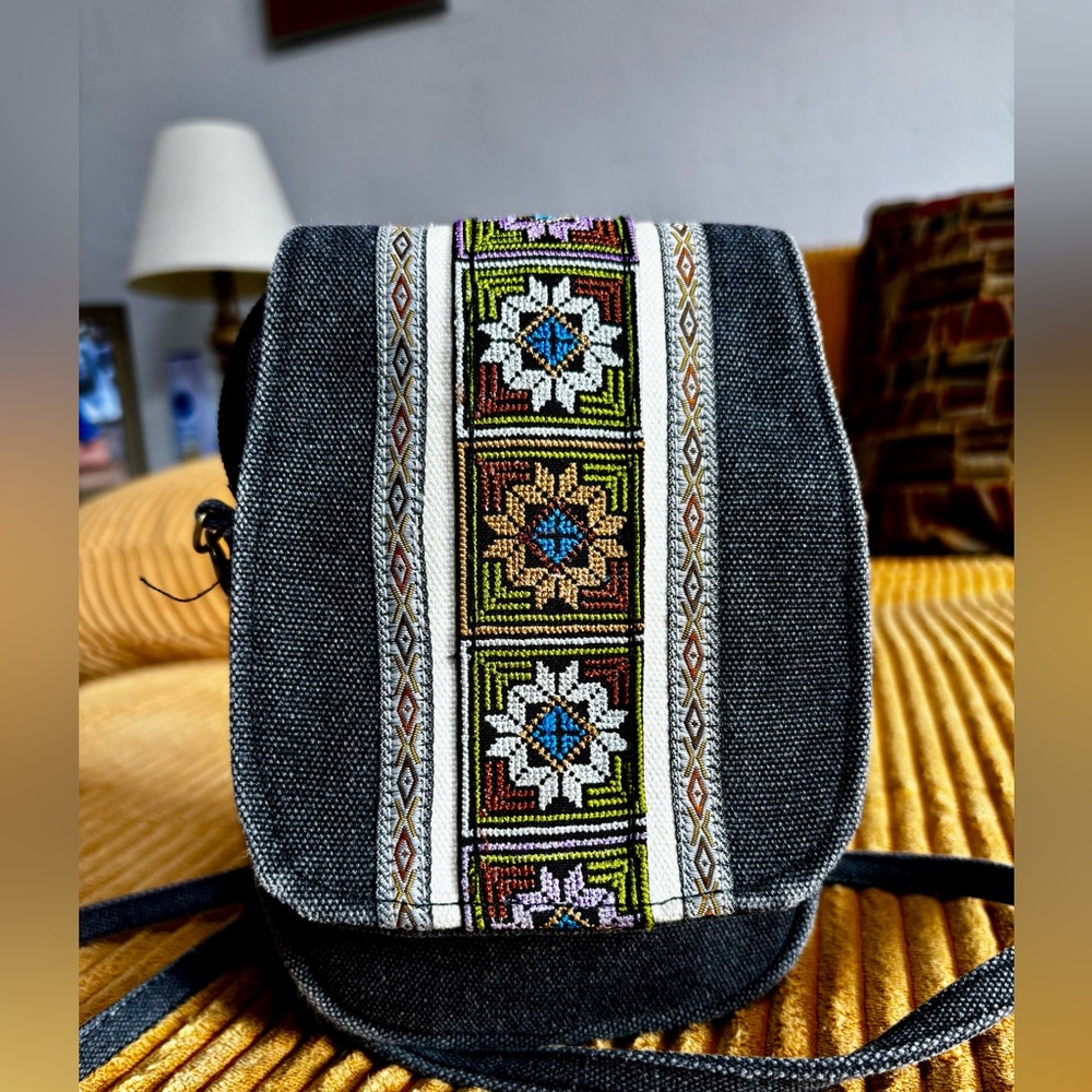 Women's Small Black Embroidered Canvas Crossbody Bag
